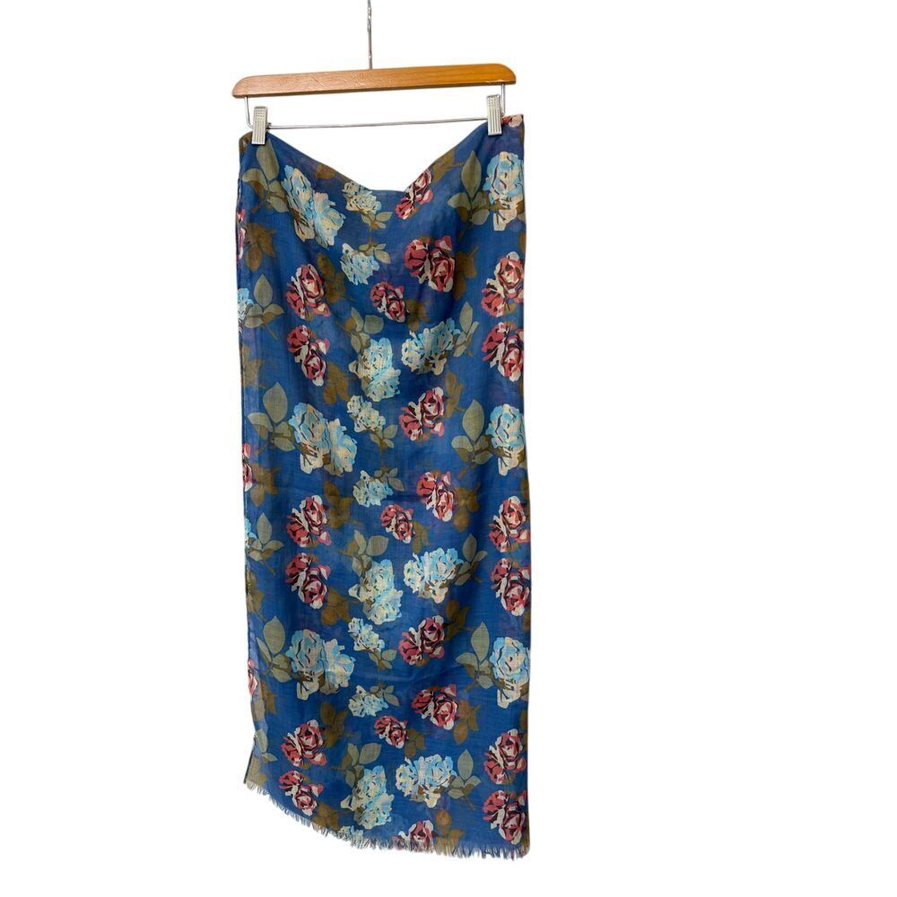 Floral Print‎ Blue Scarf Wrap Shawl Rose Print Lightweight Fringe Trim Accessory